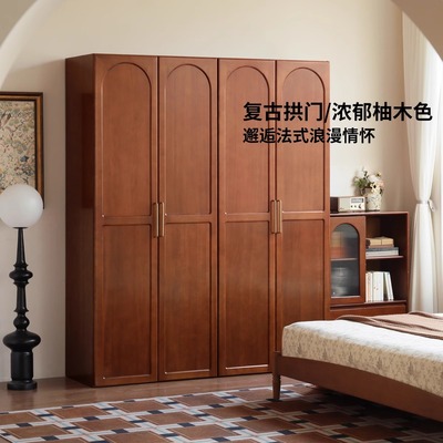 法式复古全实木衣柜北美樱桃木美式家用卧室推拉门移门大衣橱定制