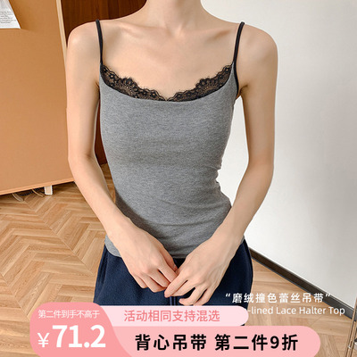羊毛坑条磨绒撞色蕾丝带杯吊带