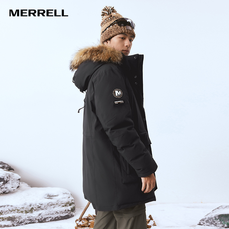 MERRELL迈乐户外运动羽绒衣男90%白鹅绒中长连帽羽绒服保暖