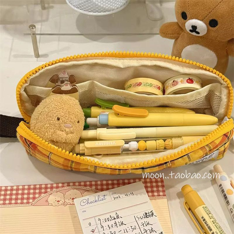 小红书同款南瓜拿铁大开口笔袋学生ins风高颜值大容量多层文具袋