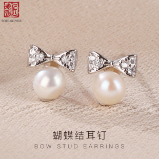 老银匠蝴蝶结银耳饰夏季 女生养耳洞s925银送女友淡水珍珠纯银耳钉