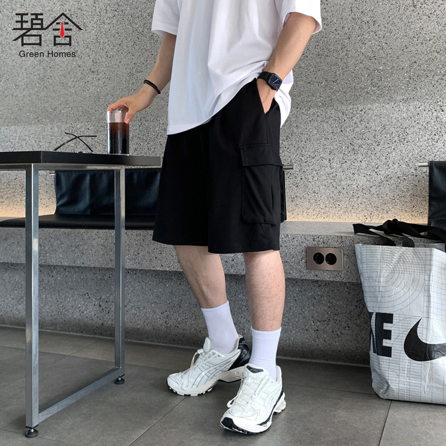 碧舍韩版夏季男士工装风休闲棉短裤宽松日常百搭款纯色多口袋卫裤