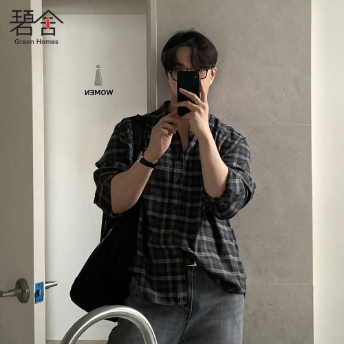 碧舍复古格纹男长袖宽松衬衫