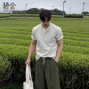上衣打底薄款 碧舍韩版 新款 简约纯色圆领纽扣短袖 T恤慵懒潮流夏季