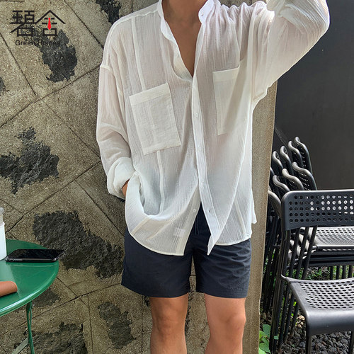 夏季薄款立领口袋宽松轻熟衬衫