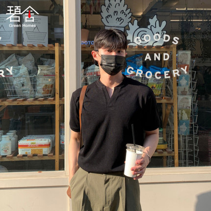 碧舍亨利领开衩螺纹T恤衫男士纯色休闲宽松潮流短袖韩系上衣春夏