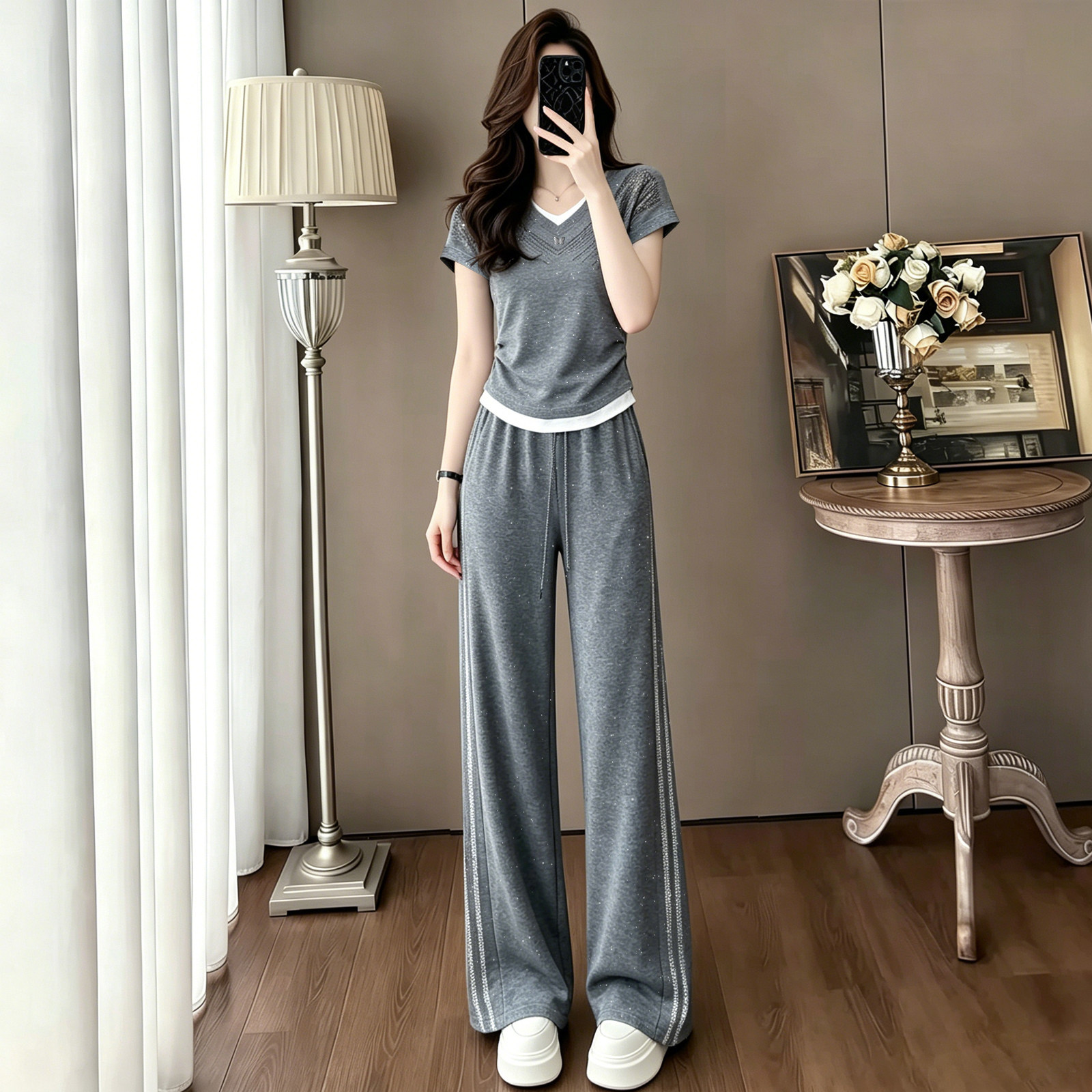时尚烫钻假两件套装女2026夏季新款气质显瘦休闲短袖长裤两件套女