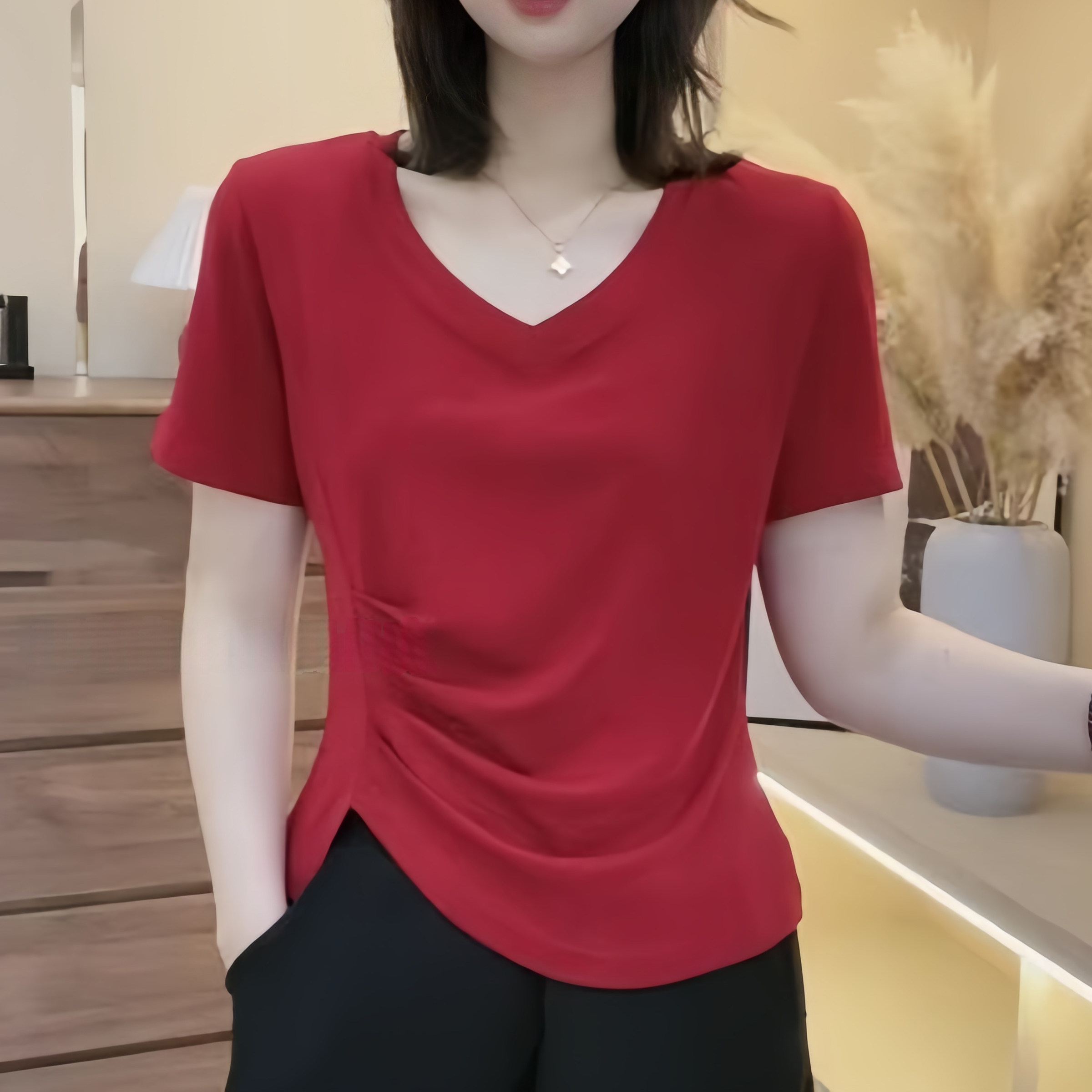 短袖T恤女2025夏季新款纯色褶皱设计感时尚休闲百搭修身显瘦上衣
