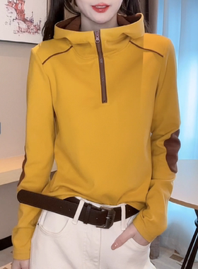 2025秋冬德绒保暖打底衫女连帽洋气半拉链拼色长袖女显瘦气质上衣