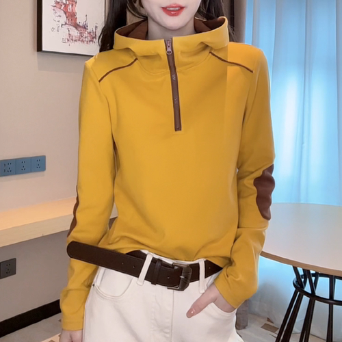 2025秋冬德绒保暖打底衫女连帽洋气半拉链拼色长袖女显瘦气质上衣