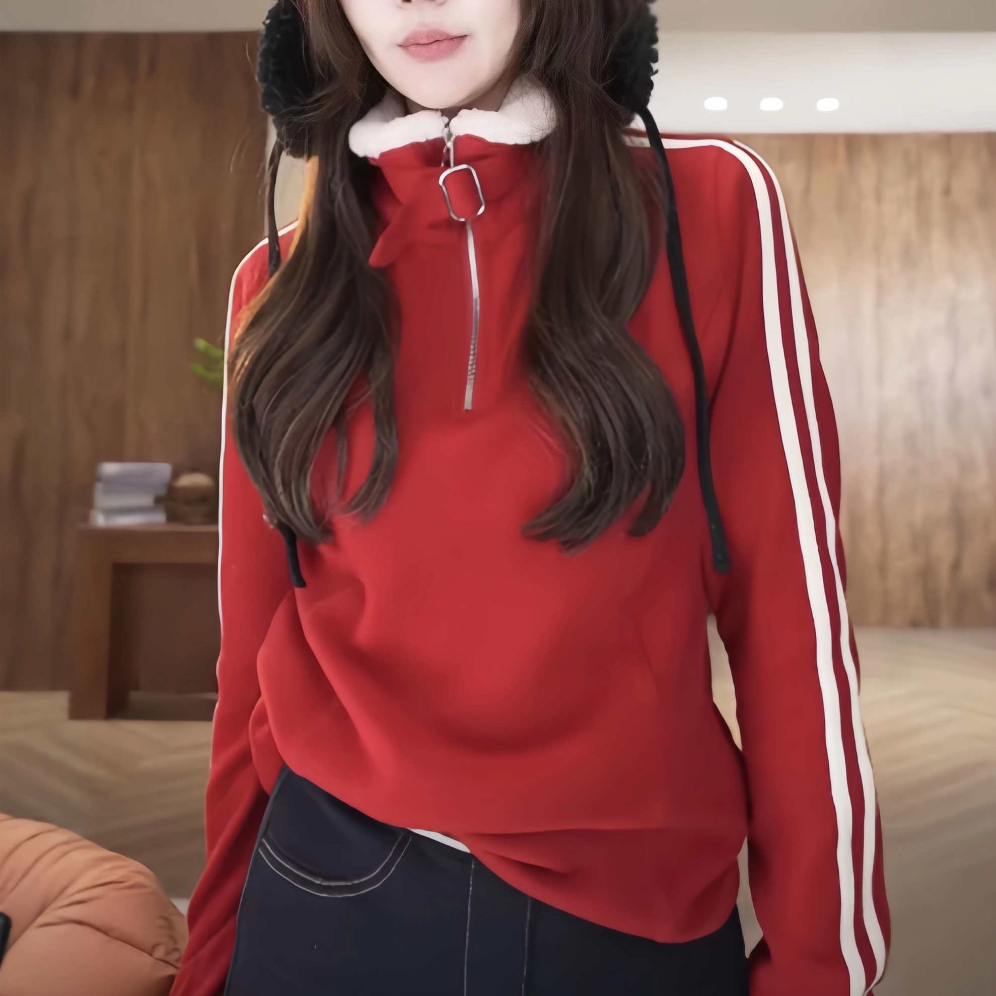 时尚德绒半拉链立领卫衣女秋冬新款设计感拼接条纹休闲长袖上衣女