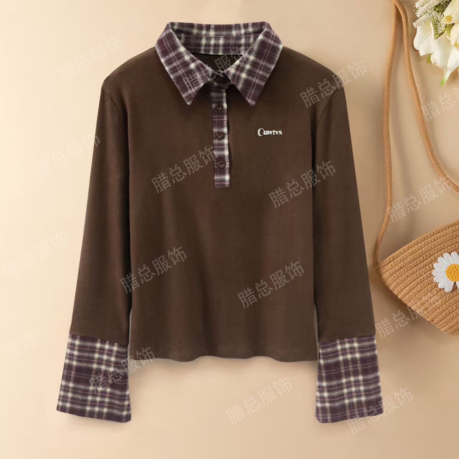 格纹立体POLO翻领打底衫上衣女2025秋冬新款装饰拼接百搭休闲上衣