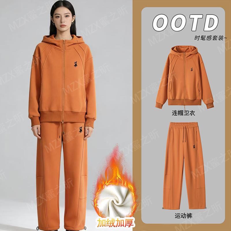 德绒加绒加厚休闲运动套装女2025冬季新款洋气时尚显瘦连帽两件套