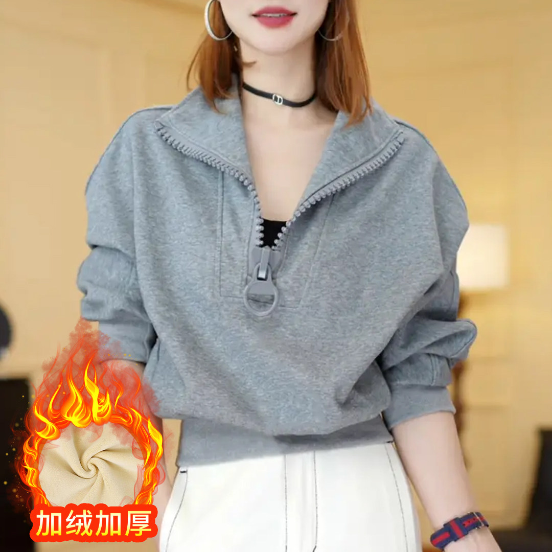 加绒加厚大拉链立领保暖卫衣女2025冬季新款时尚拼接纯色百搭上衣