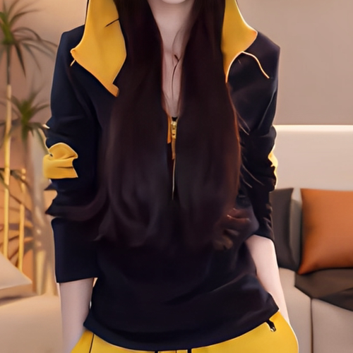 秋冬德绒拼色连帽打底衫女显瘦时尚半拉链长袖气质百搭休闲上衣