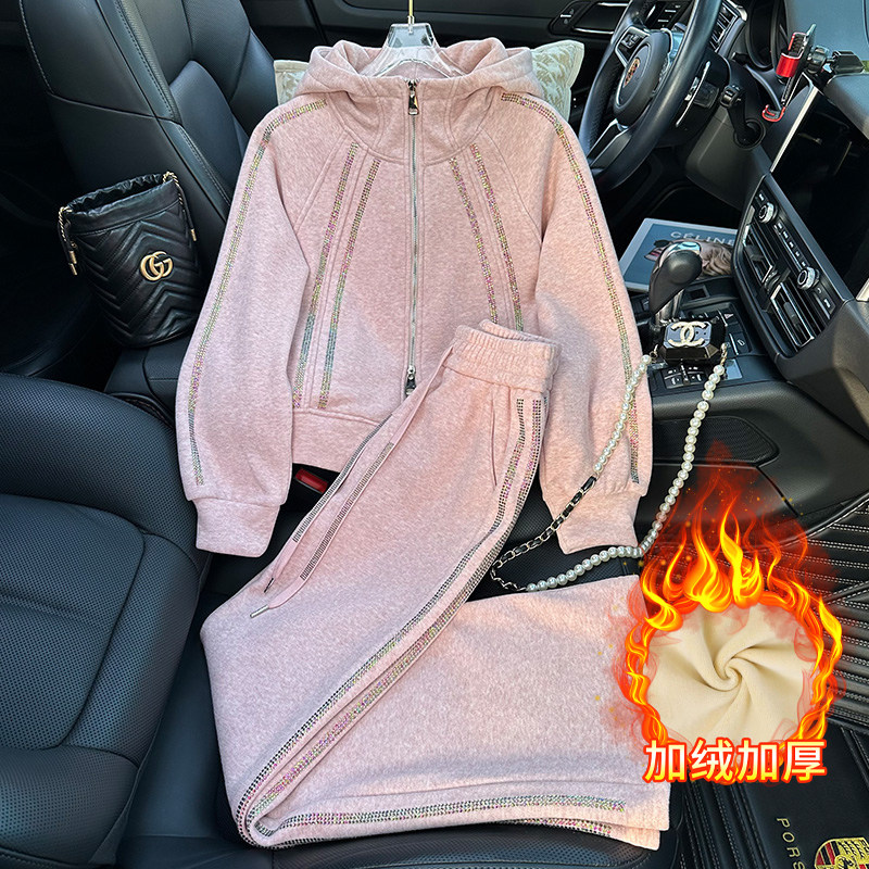 加绒加厚保暖时尚休闲套装女冬季新款烫钻连帽拉链卫衣长裤两件套