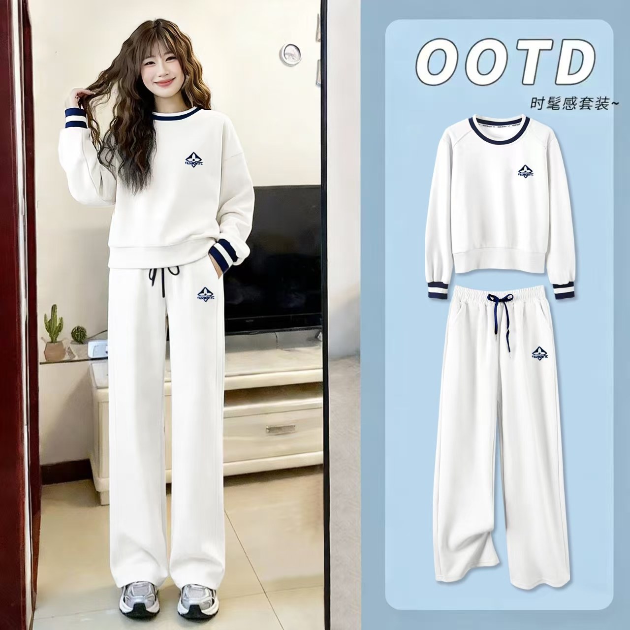 纯棉运动服套装女2025春秋新款韩版宽松圆领卫衣装长袖长裤两件套