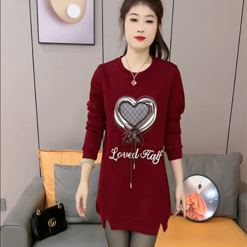 加绒/不加绒2024秋冬新款韩版印花拼接绳子立体装饰中长款卫衣女