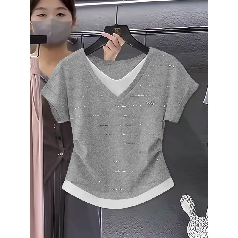 时尚烫钻假两件短袖T恤女2025夏季新款洋气拼接设计感显瘦上衣女