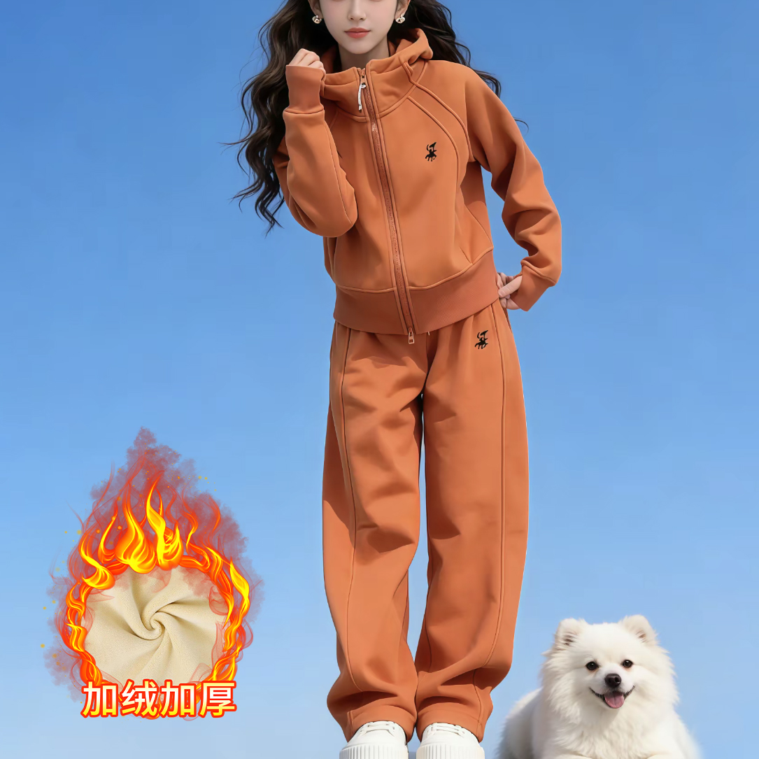 德绒加绒加厚休闲运动套装女2025冬季新款洋气时尚显瘦连帽两件套