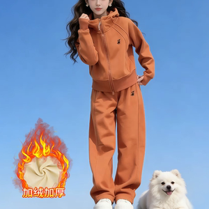 德绒加绒加厚休闲运动套装女2025冬季新款洋气时尚显瘦连帽两件套