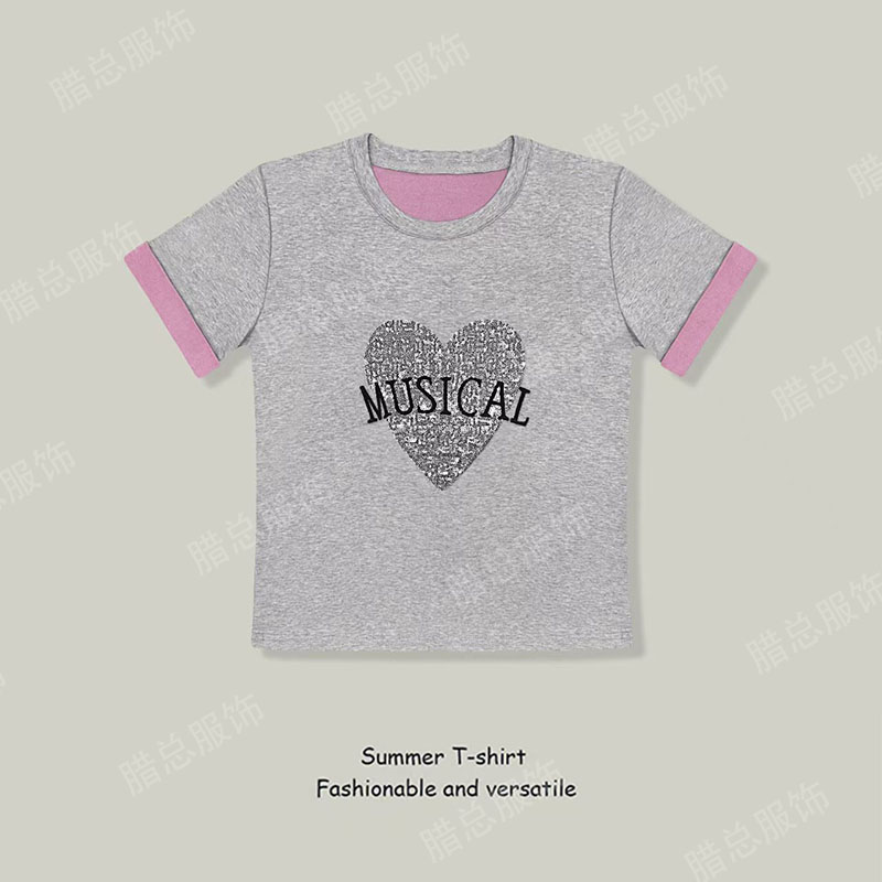 2025夏季新款纯棉短袖T恤女珠片刺绣拼色设计感百搭休闲显瘦上衣