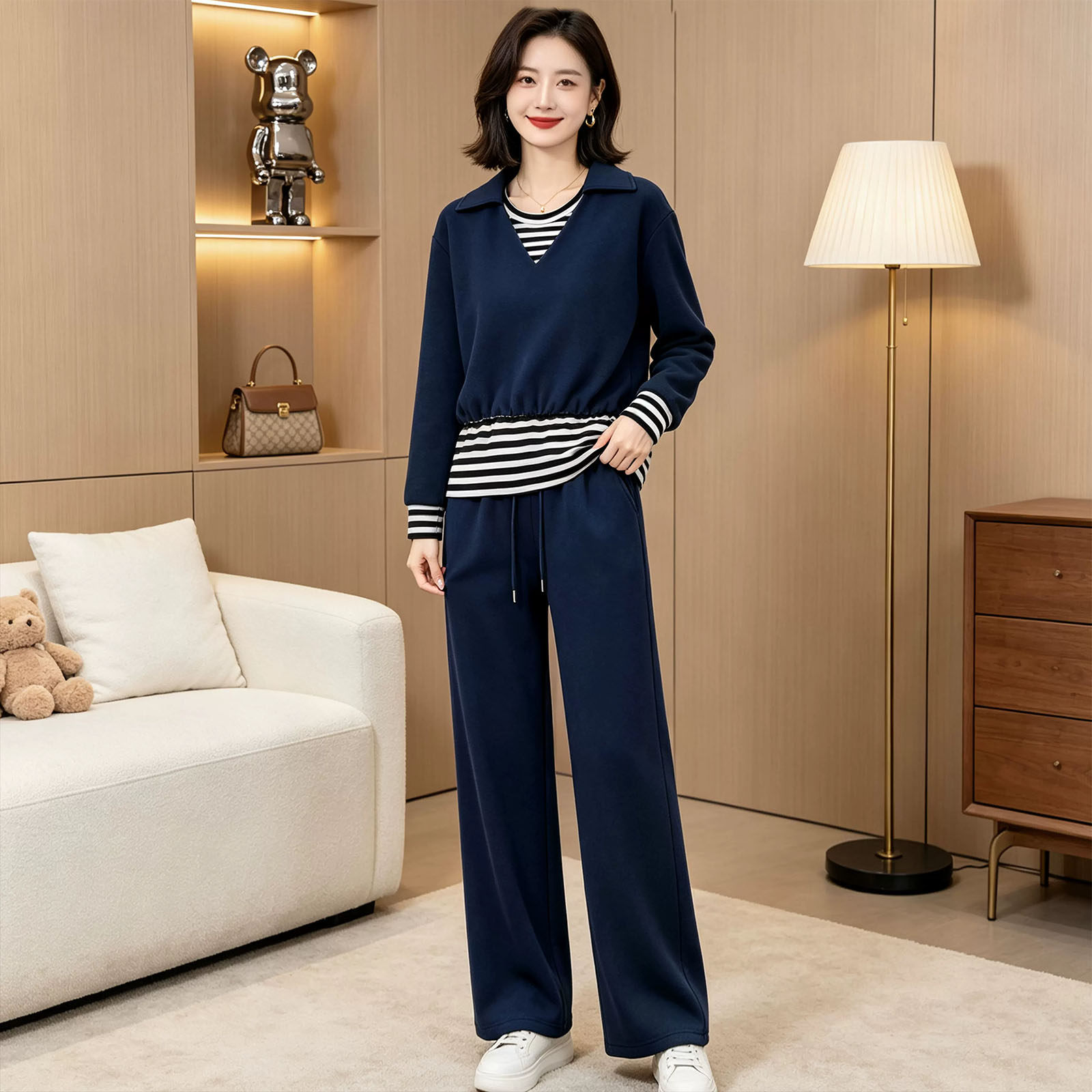 时尚条纹拼接休闲套装女