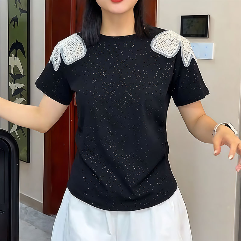重工蝴蝶结满印撒银短袖T恤女2025夏季新款时尚设计感显瘦上衣女