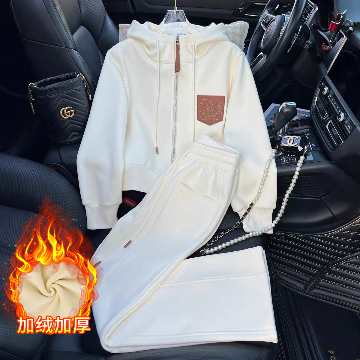 加绒加厚时尚拉链连帽套装女