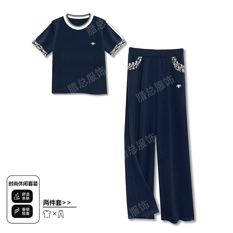 蜜蜂刺绣短袖直筒裤两件套装女2025夏季新款织带拼接刺绣套装