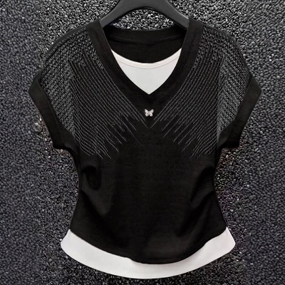 烫钻拼接假两件设计感纯棉短袖T恤女2025夏季新款百搭时尚上衣女