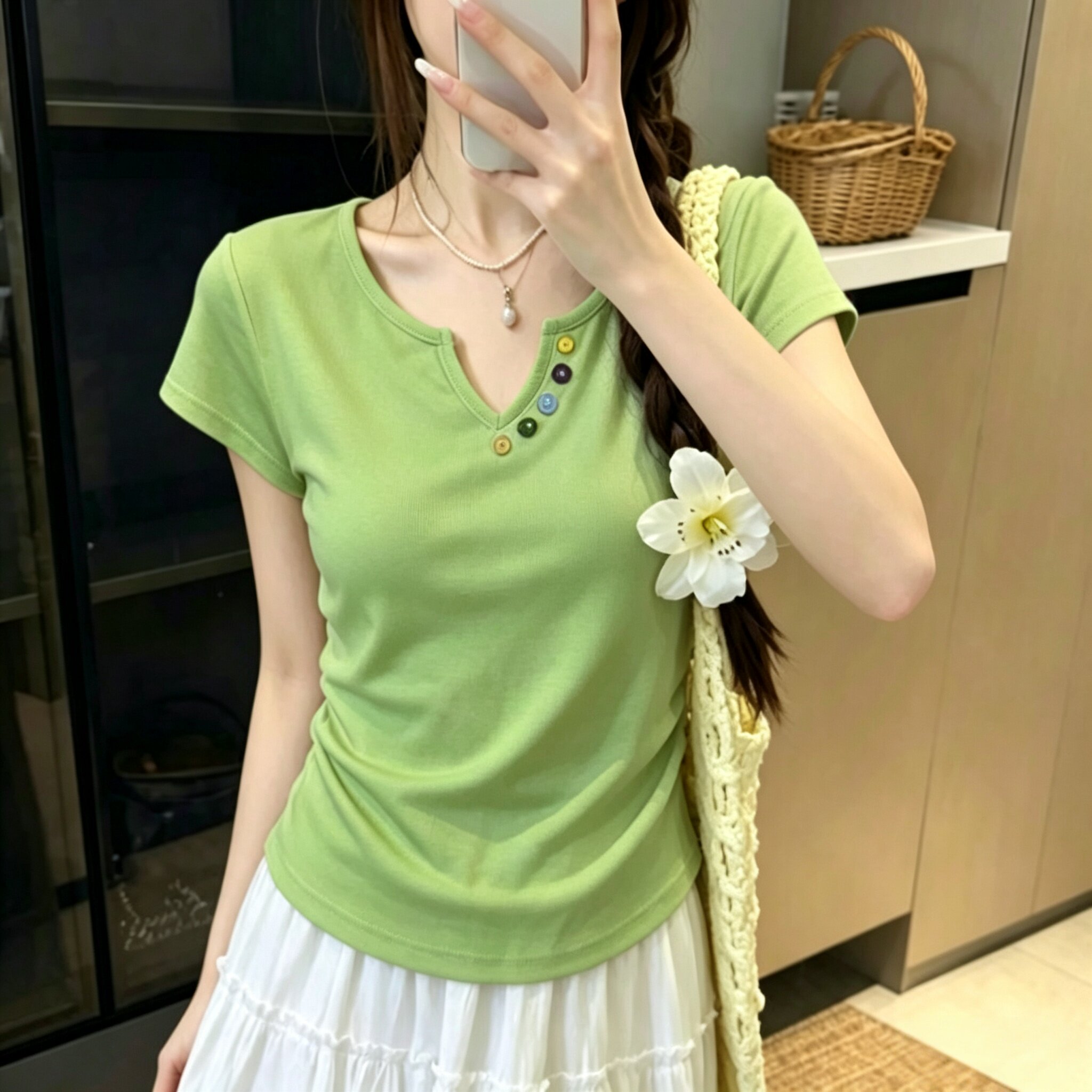 法式纯色显瘦气质短袖T恤女