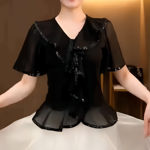 2025夏季新款法式黑色荷叶边设计感V领纯棉短袖T恤女修身显瘦上衣