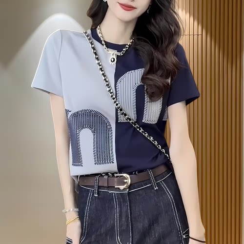 短袖t恤女2024夏季新款撞色拼接设计感时尚气质印花正肩休闲上衣