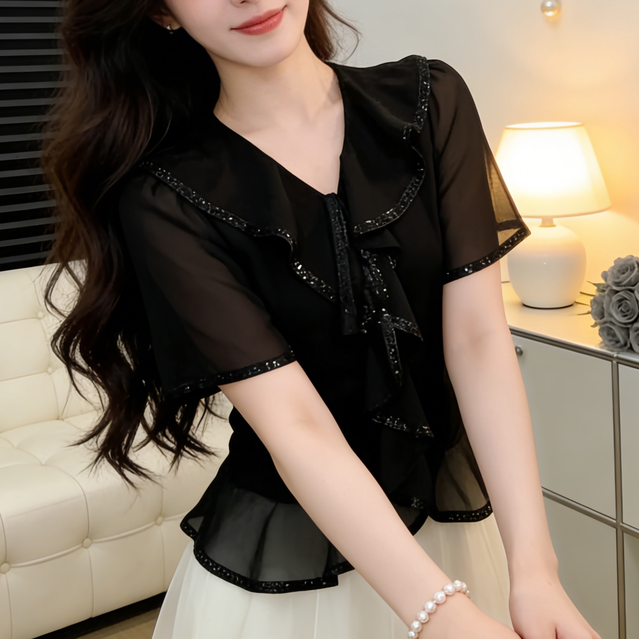 2026夏季新款法式黑色荷叶边设计感V领纯棉短袖T恤女修身显瘦上衣