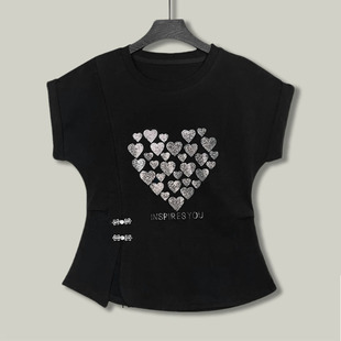 2025夏季新款重工爱心烫钻百搭短袖T恤女设计感修身气质显瘦上衣