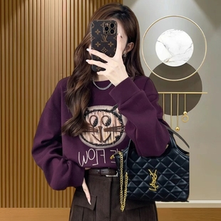 加绒6686 打底衫 卫衣女秋冬季 华棉贴布手工刺绣长袖 上衣 新款 薄款