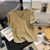 2025夏季 T恤女链条拼接设计感上衣女 气质百搭短袖 新款 V领正肩时尚