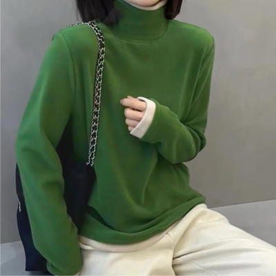 2024秋冬新款德绒时尚假两件拼色显瘦半高领打底衫长袖女减龄上衣