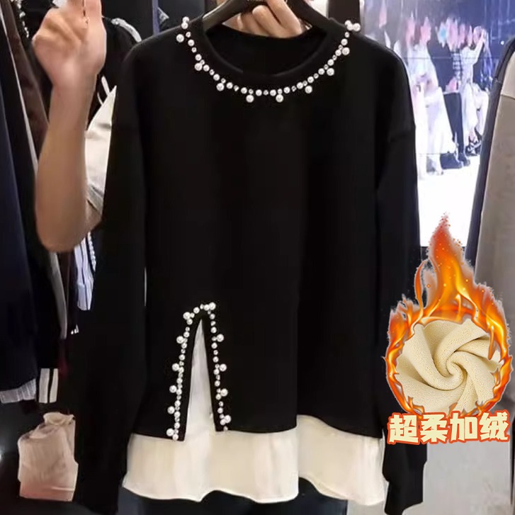 加绒加厚假两件卫衣女2024冬季新款钉珠设计长袖保暖气质显瘦上衣