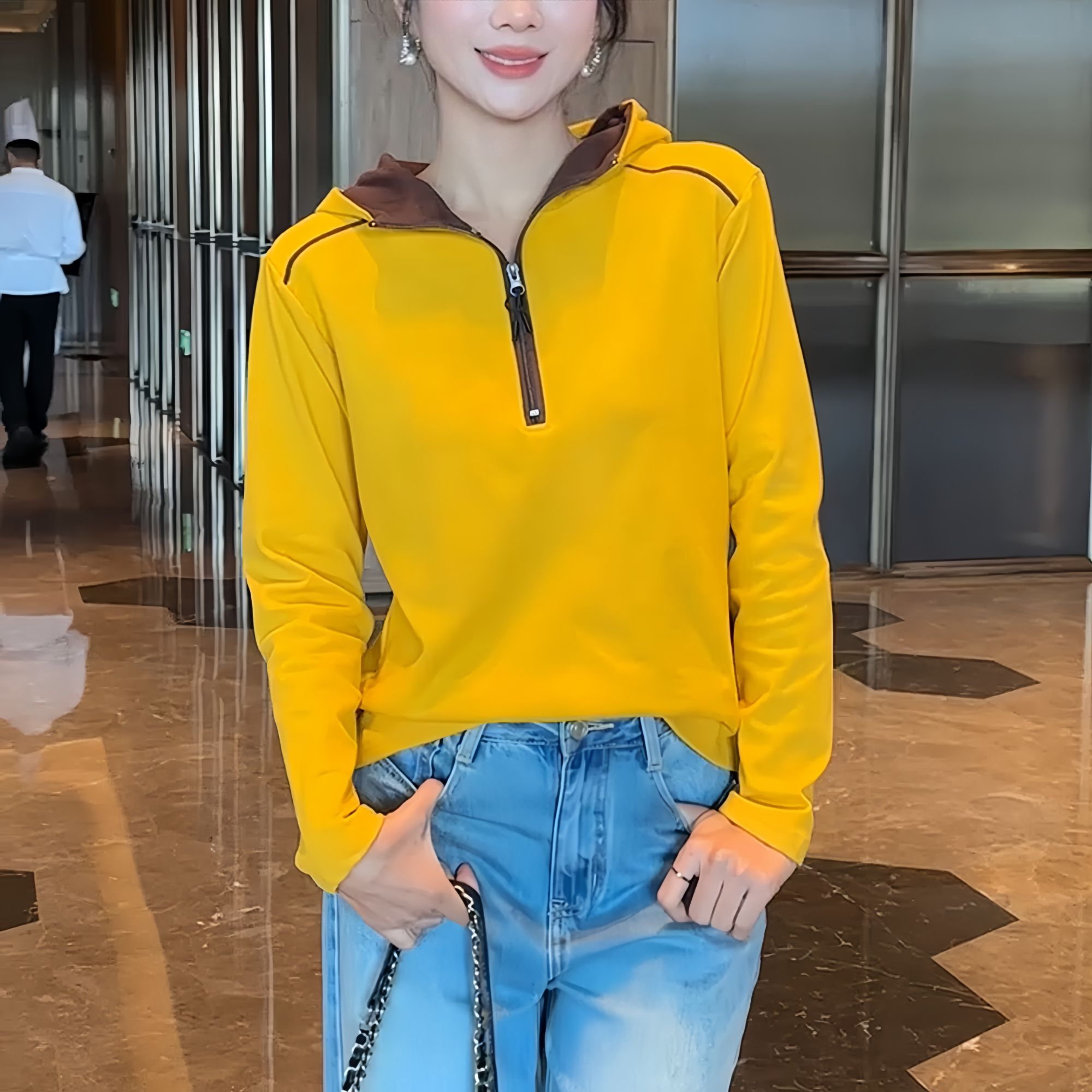 2026秋冬德绒保暖打底衫女连帽洋气半拉链拼色长袖女显瘦气质上衣