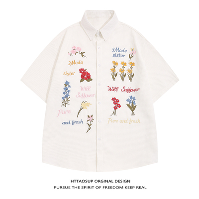 美式复古华夫格彩色花卉刺绣衬衫