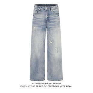潮牌流行牛仔裤 青年男女百搭个性 街头复古破洞设计裤 HTTAOUSP美式