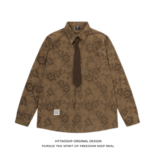 HTTAOSUP古典碎花灯芯绒长袖花衬衫外套港风复古日系男女痞帅春季