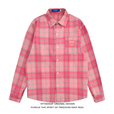 潮牌春季粉色格子长袖衬衫男女