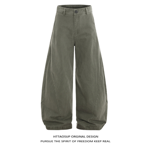 男女宽松设计感百搭休闲长裤 风军绿色阔腿裤 复古工装 HTTAOSUP美式