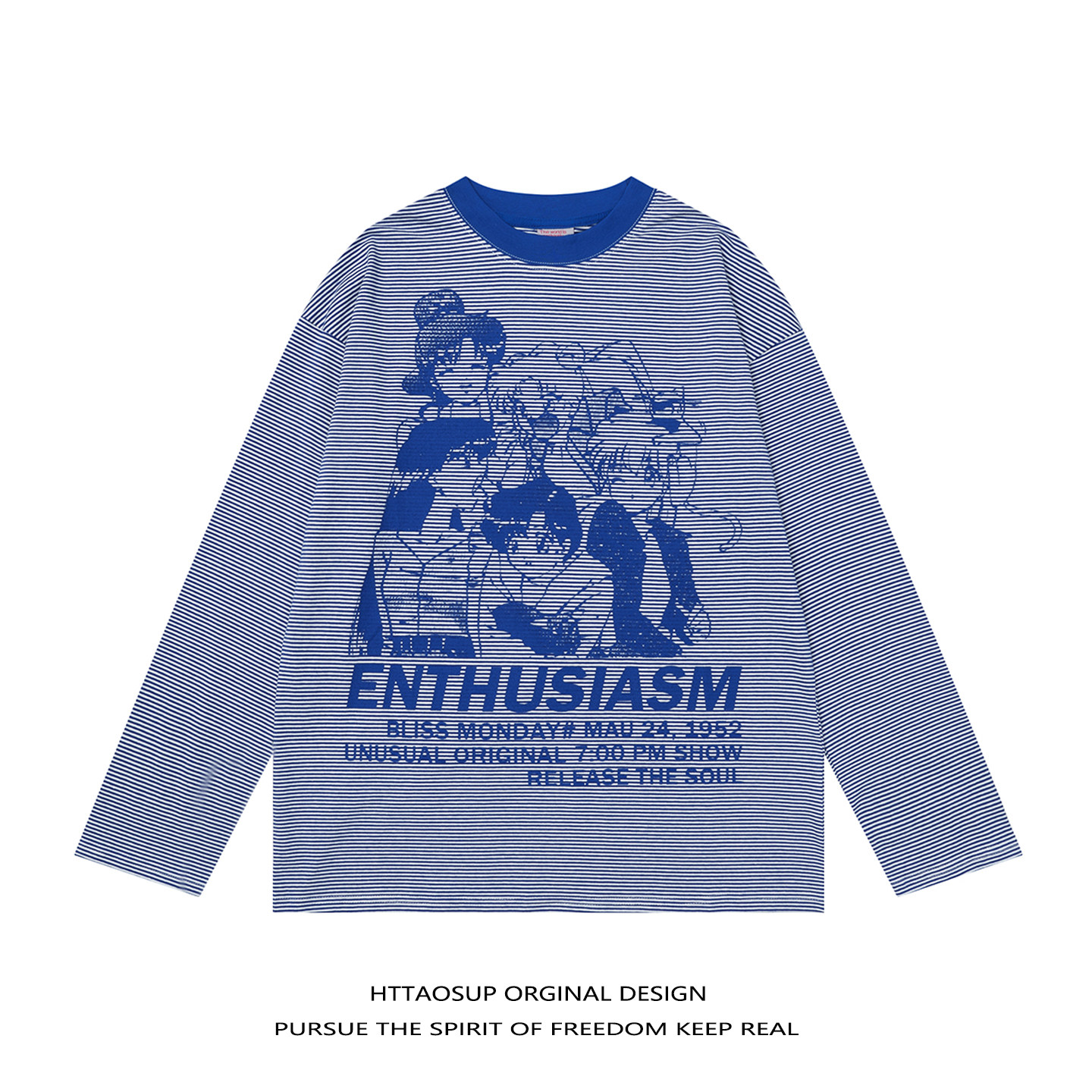HTTAOSUP美式复古动漫人物印花条纹长袖T恤男女慵懒宽松休闲上衣