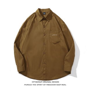 HTTAOSUP秋季新款日系古着咖色长袖衬衫男女宽松百搭休闲衬衣外套
