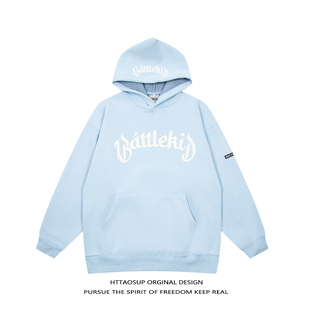 HTTAOSUP加绒连帽蓝色卫衣男女情侣新款 复古秋冬外套 ins国潮美式