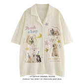 HTTAOSUP趣味小狗印花oversize情侣衬衫 复古蕾丝古巴领短袖 衬衣男